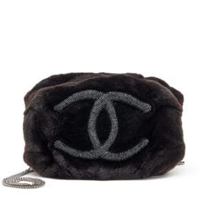 Black Fur Beaded Hand Warmer Muff with Strass CC Chain Silver Hardware, 2006