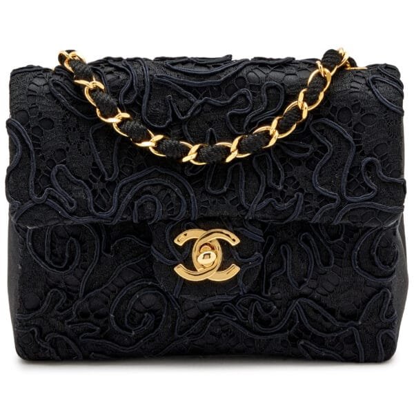 Black Lace Satin Mini Square Classic Single Flap Gold Hardware, 1991