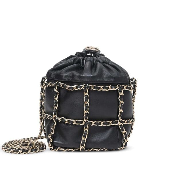 Black Lambskin Drawstring Bucket Chain Bag Gold Hardware, 2020