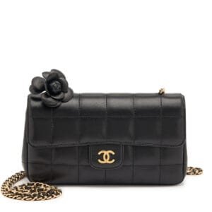 Black Lambskin Quilted Mini Chocolate Bar Camellia Flap Bag Gold Hardware, 2008-2009
