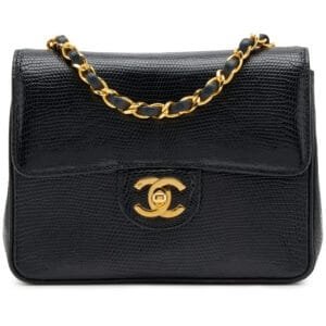 Black Lizard Mini Square Classic Flap Bag Gold Hardware, 1989-1991
