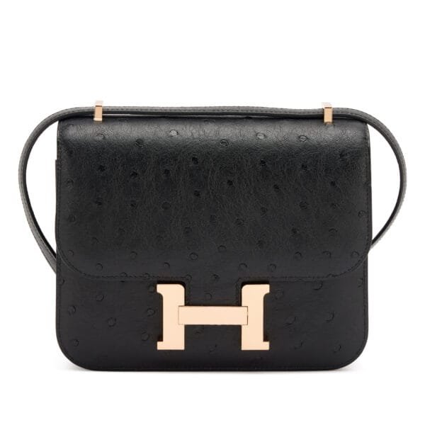 Black Ostrich Mini Constance 18 Rose Gold Hardware, 2023