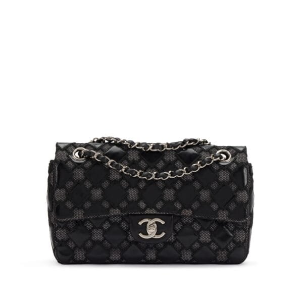 Black Patent Leather and Lace Medium Classic Single Flap Silver Hardware, 2010-2011