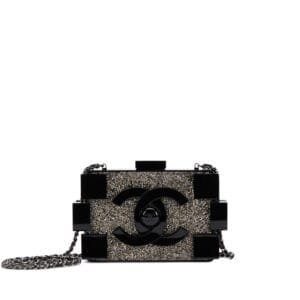 Black Plexiglass and Silver and Bronze Strass Crystal Supermarket Boy Brick Lego Minaudiere Clutch Ruthenium Hardware, 2014