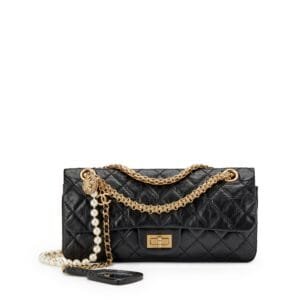 Black Quilted Aged Calfskin Mirror Charm Imitation Pearl Chain 2.55 Reissue East West Double Flap Gold Hardware, 2006