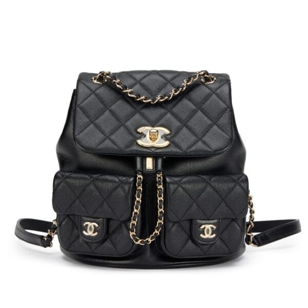 Black Quilted Calfskin Medium Duma Pockets Drawstring Backpack Light Gold Hardware, 2023