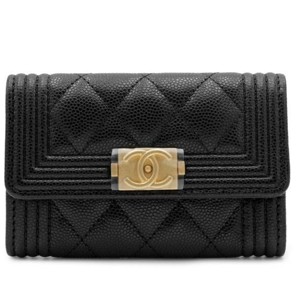 Black Quilted Caviar Boy Flap Card Holder Gold Hardware, 2023