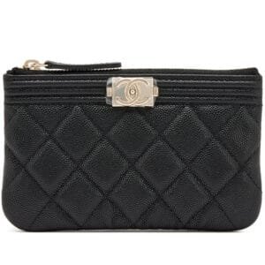 Black Quilted Caviar Boy Mini O Case Zip Pouch Light Gold Hardware, 2023