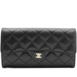 Black Quilted Caviar Classic Long Flap Wallet Gold Hardware, 2023
