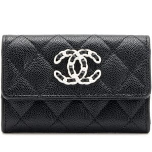 Black Quilted Caviar Flap Card Holder White and Silver Hardware, 2024