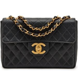 Black Quilted Caviar Jumbo Classic Single Flap Bag Oversize XL CC Gold Hardware, 1994-1996