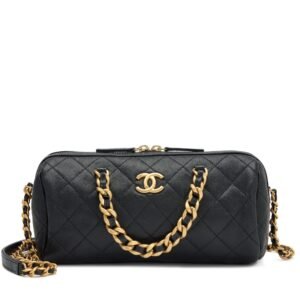 Black Quilted Caviar Medium Fashion Therapy Bowling Bag Gold Hardware, 2020