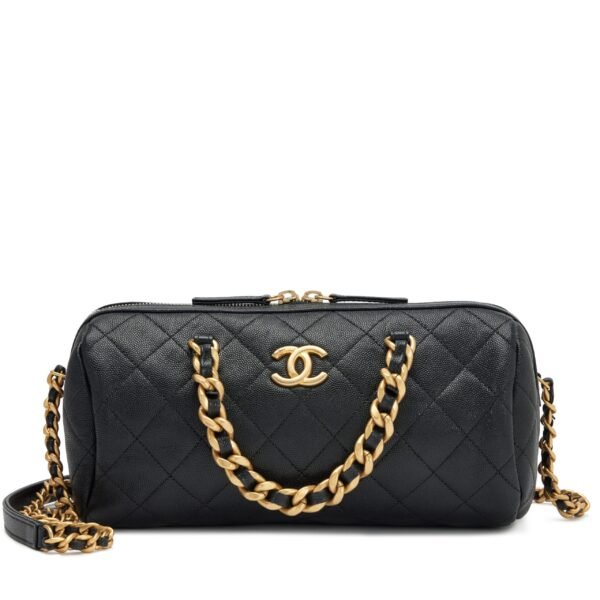 Black Quilted Caviar Medium Fashion Therapy Bowling Bag Gold Hardware, 2020