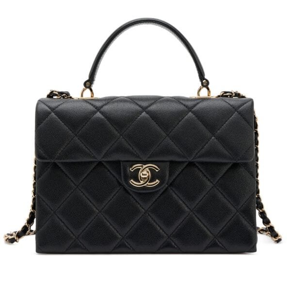 Black Quilted Caviar Medium Square Retro Twist Top Handle Flap Bag Pale Champagne Hardware, 2024