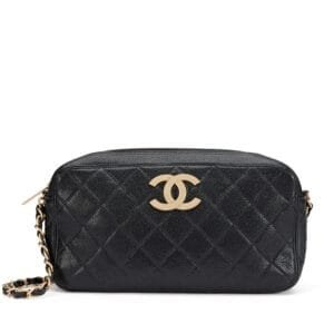 Black Quilted Caviar Oversize CC Camera Case Bag Brushed Gold Hardware, 2000-2002
