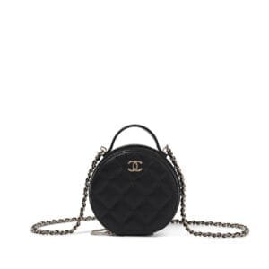 Black Quilted Caviar Top Handle Clutch with Chain Pale Gold Hardware, 2021