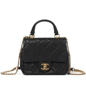 Black Quilted Caviar Top Handle Flap Bag With Chain Gold Hardware, 2023