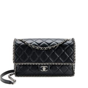 Black Quilted Crumpled Calfskin Medium Running Chain Around Flap Bag Silver Hardware, 2020