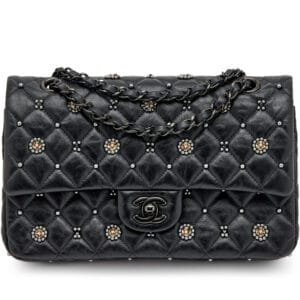 Black Quilted Crumpled Calfsksin Bejewelled Beaded Embellished Medium Classic Double Flap Black Hardware, 2022