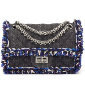 Black Quilted Denim Tweed Fringe Reissue Mini Double Flap Bag Silver Hardware, 2017