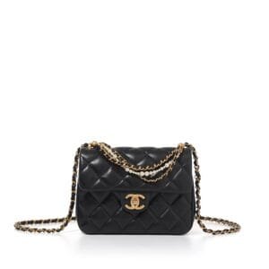 Black Quilted Lambskin and Imitation Pearl Top Handle Mini Flap Bag Brushed Gold Hardware, 2024