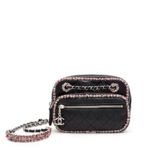 Black Quilted Lambskin and Multicolor Tweed Elegant Trim Camera Bag Silver Hardware, 2019