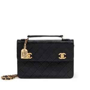 Black Quilted Lambskin Double CC Turn Lock Cambon Charm Mini Briefcase Bag Gold Hardware, 1989-1991