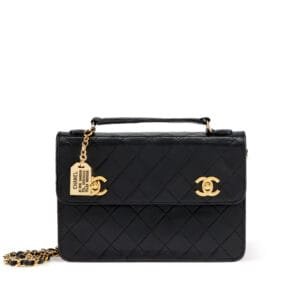 Black Quilted Lambskin Double CC Turn Lock Cambon Charm Mini Briefcase Bag Gold Hardware, 1989-1991