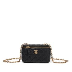 Black Quilted Lambskin Gemstone and Imitation Pearl Heart Chain Vanity Case Gold Hardware