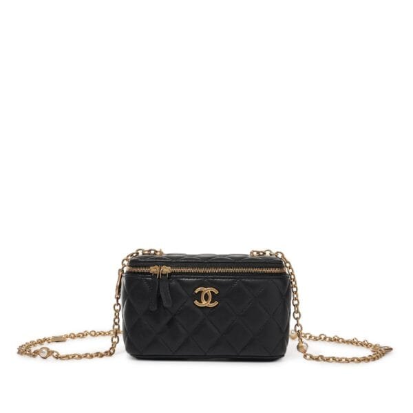 Black Quilted Lambskin Gemstone and Imitation Pearl Heart Chain Vanity Case Gold Hardware