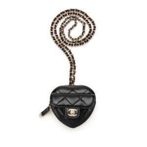 Black Quilted Lambskin Heart Zipped Coin Purse Necklace Gold Hardware, 2022
