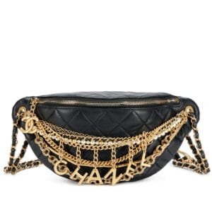 Black Quilted Lambskin, Imitation Pearl Paris-New York All About Chains Fanny Pack Waist Bag Aged Gold Hardware, 2019