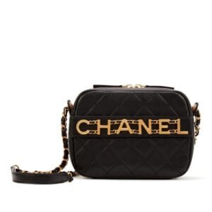 Black Quilted Lambskin Logo Camera Case Gold Hardware, 2020