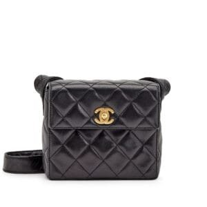 Black Quilted Lambskin Mini Vanity Mirror Train Case Box Flap Gold Hardware, 1996-1997