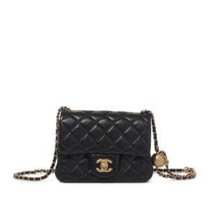 Black Quilted Lambskin Pearl Crush Mini Flap Bag Aged Gold Hardware
