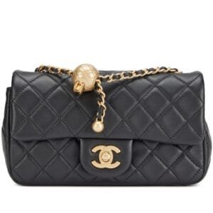 Black Quilted Lambskin Pearl Crush Mini Rectangular Flap Bag Aged Gold Hardware, 2024