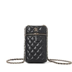 Black Quilted Lambskin Phone Holder Gold Hardware, 2021