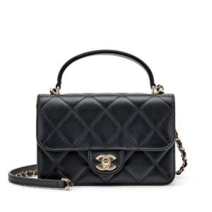 Black Quilted Lambskin Small Top Handle Flap Pale Gold Hardware, 2021