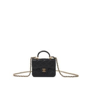 Black Quilted Lambskin Top Handle Clutch with Chain Brushed Gold Hardware