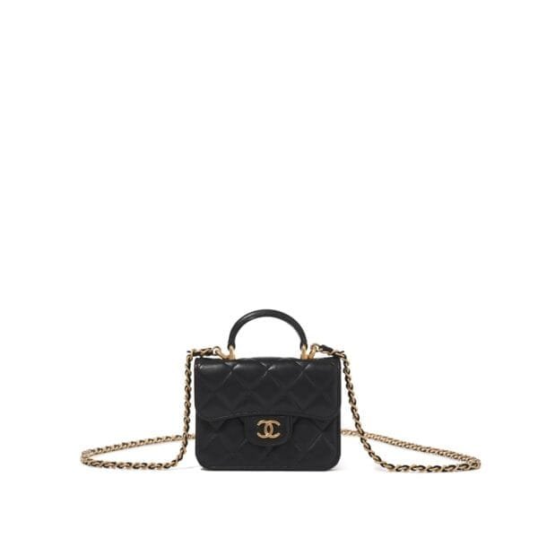 Black Quilted Lambskin Top Handle Clutch with Chain Brushed Gold Hardware