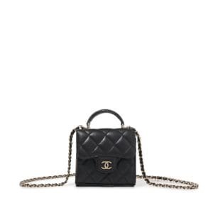 Black Quilted Lambskin Top Handle Clutch with Chain Pale Gold Hardware