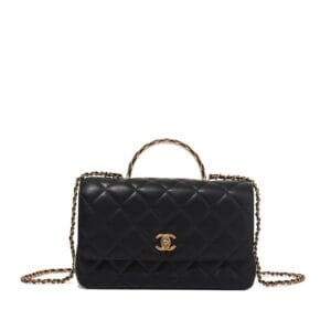 Black Quilted Lambskin Top Handle Flap Bag Aged Gold Hardware, 2023