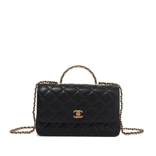 Black Quilted Lambskin Top Handle Flap Bag Aged Gold Hardware, 2023