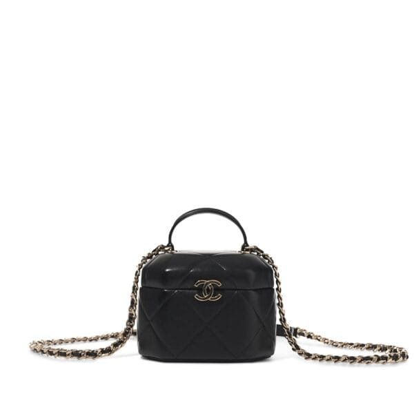 Black Quilted Lambskin Top Handle Vanity Case Gold Hardware, 2021