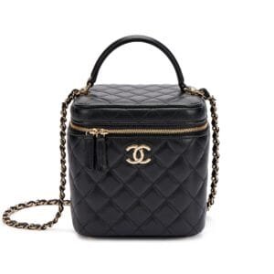 Black Quilted Lambskin Top Handle Vanity Pale Gold Hardware