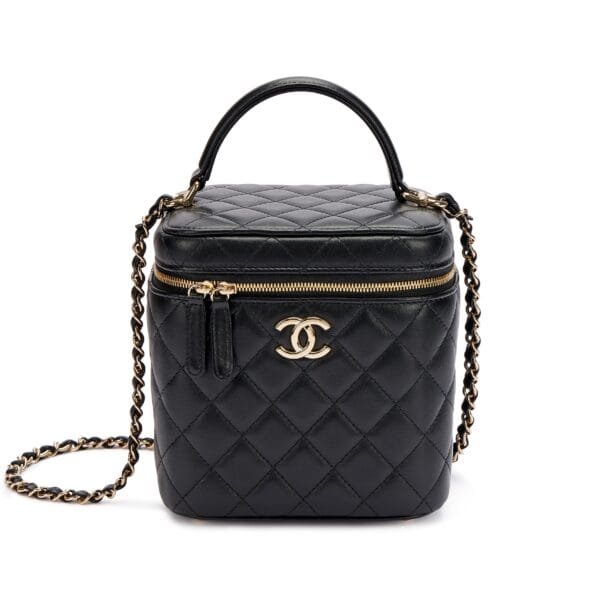 Black Quilted Lambskin Top Handle Vanity Pale Gold Hardware