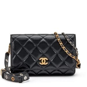 Black Quilted Lambskin Wallet On Chain WOC Brushed Gold and Silver Hardware
