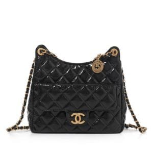 Black Quilted Patent Hobo Bag Aged Gold Hardware, 2024