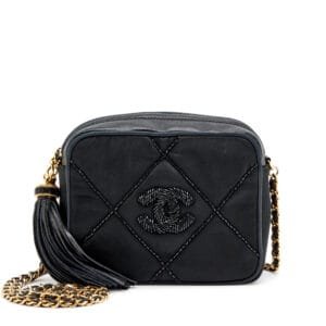 Black Quilted Satin Embellished Camera Bag Gold Hardware, 1989-1991