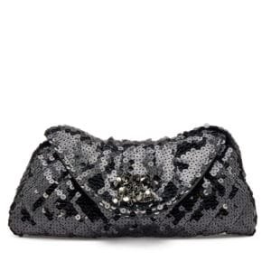 Black Quilted Sequin Imitation Pearl CC Half Moon Clutch Ruthenium Hardware, 2010